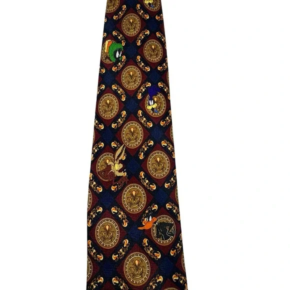 Looney Tunes Necktie Mens Navy Burgundy Vintage 1997 Excellent Medallion Print - Picture 9 of 12